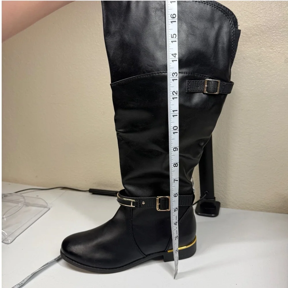 Call It Spring Black Faux Leather Knee High Boots Women's Size‎ 8.5 Gold Buckle